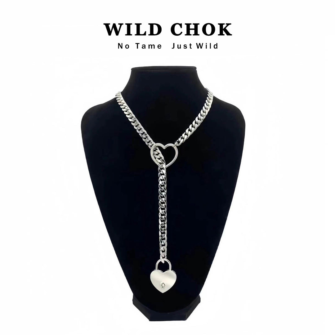 WILDCHOK Titanium Steel Choker - Silver Heart Lock Curb Chain Y-Drop Daily Party Fashion Accessory