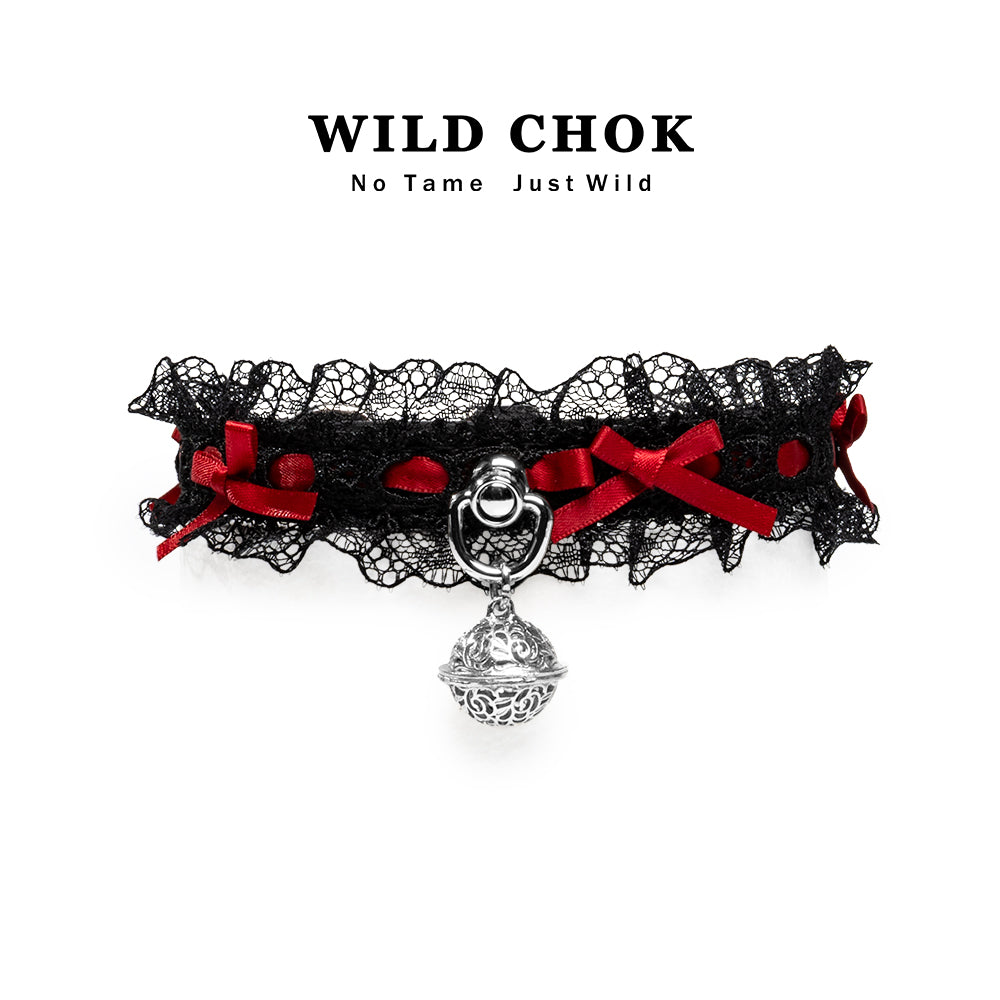 WILD CHOK Lace Choker - Black Red Two-Tone Bow Bell Pendant Edgy Daily Party Accessory