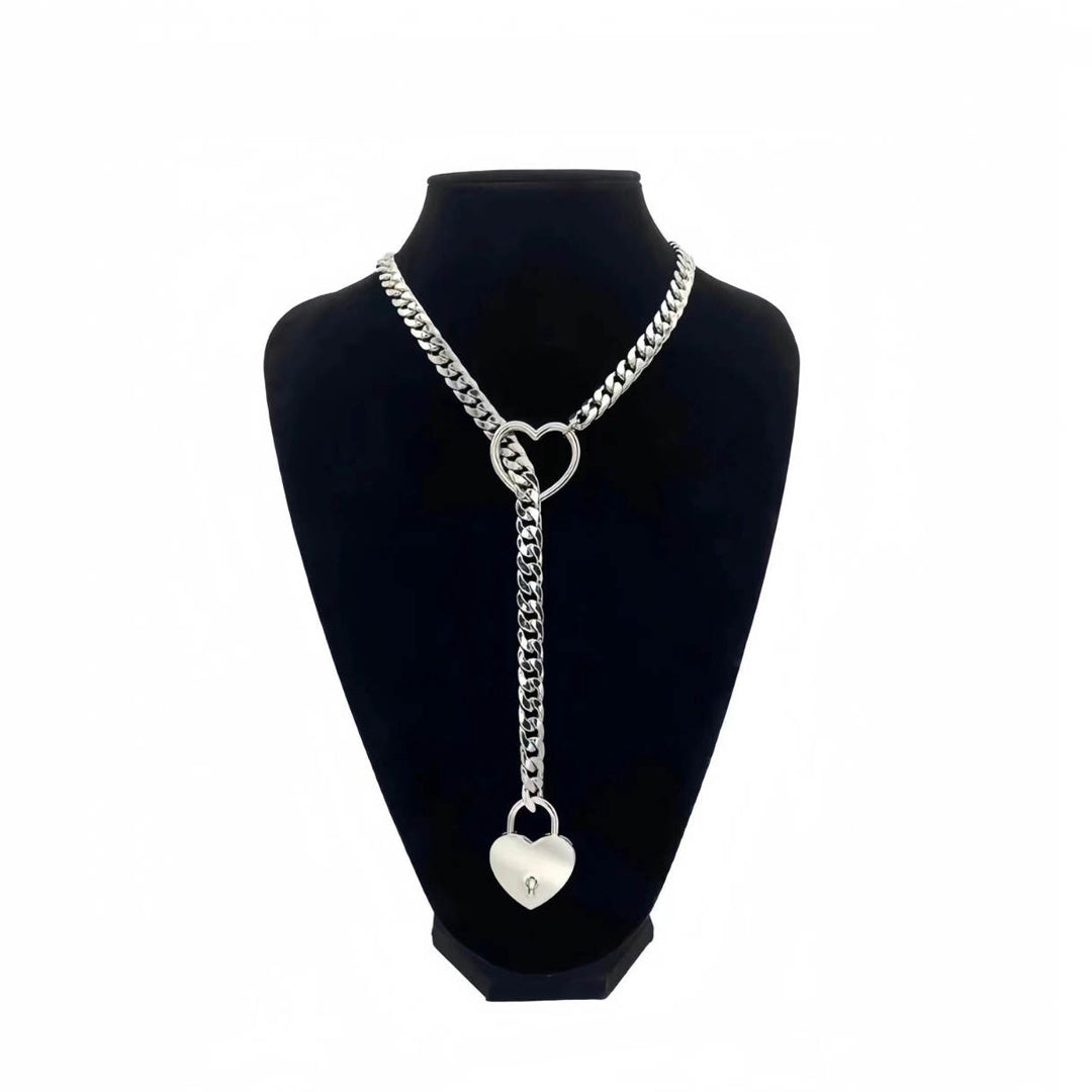 WILDCHOK Silver-Toned Heart Lock Curb Chain Y-Drop Choker - Fashion Statement Daily Party Accessory