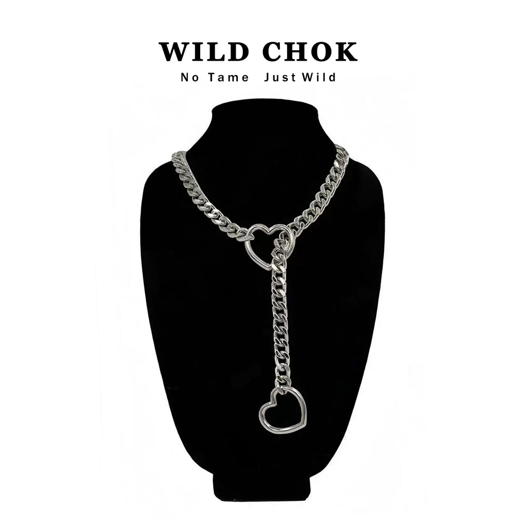 WILD CHOK Titanium Steel Choker - Double Heart Curb Chain Y-Drop Silver Edgy Daily Party Fashion Accessory