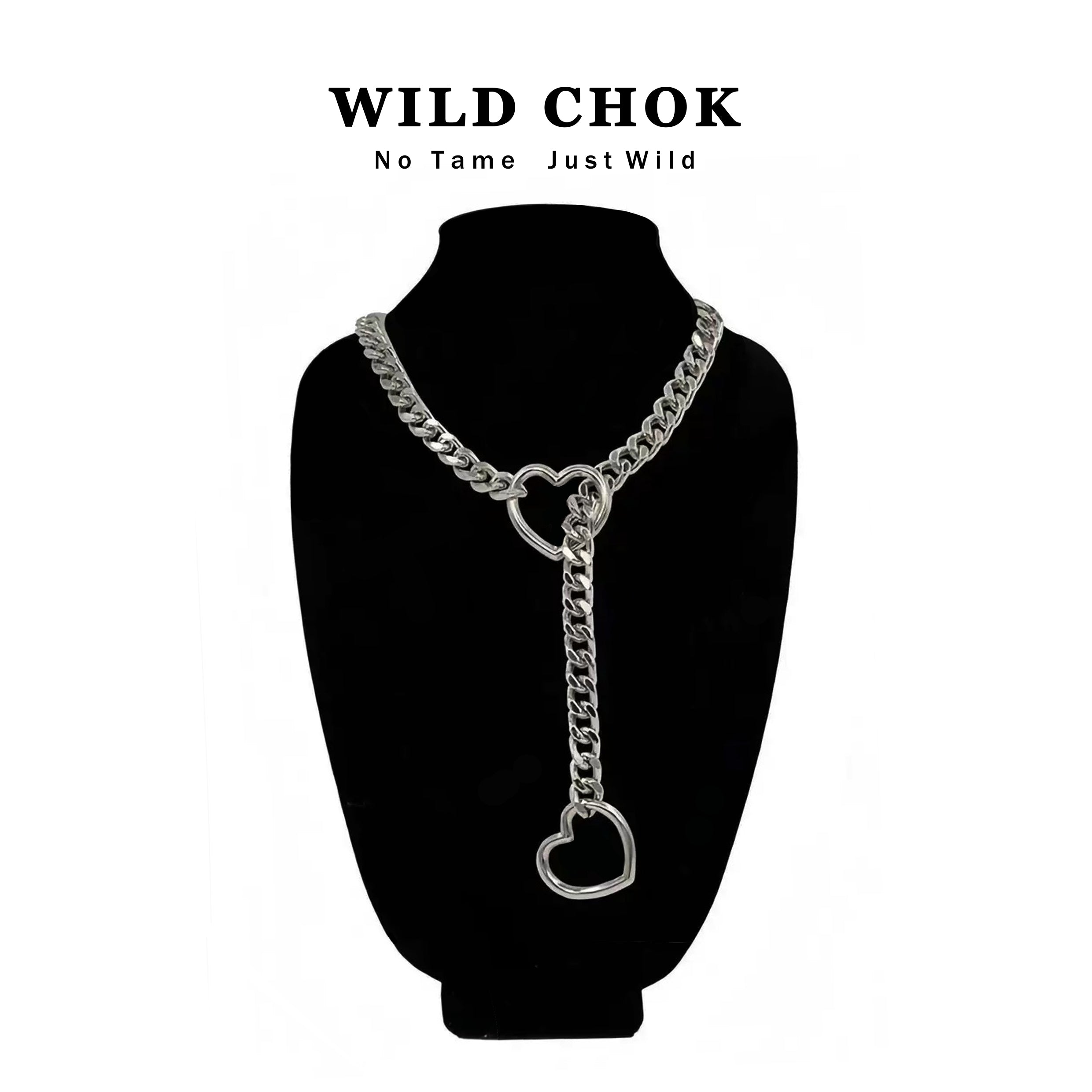 WILD CHOK Titanium Steel Choker - Double Heart Curb Chain Y-Drop Silver Edgy Daily Party Fashion Accessory