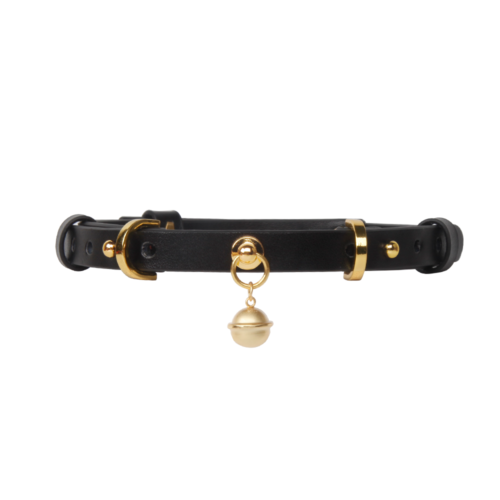WILDCHOK Black Genuine Cowhide Choker, Adjustable Leather Necklace with Gold Bell Charm
