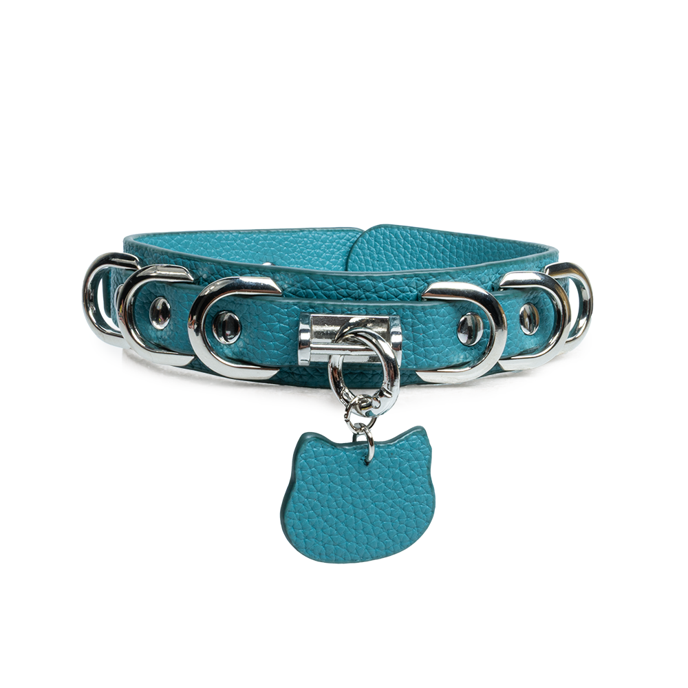 WILDCHOK Double‑Layer PU Choker, Removable Cat‑Shaped Tag Faux Leather Necklace