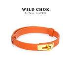 WILDCHOK Genuine Cowhide Leather Choker with Gold Lock Buckle - Red Black Orange Textured Daily Party Fashion Accessory