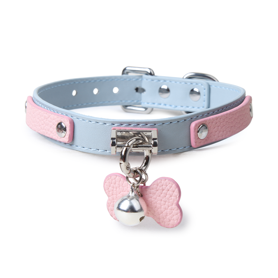 WILDCHOK Pink‑Blue Two‑Tone Cowhide Choker, Adjustable Necklace with Bone Charm & Bell