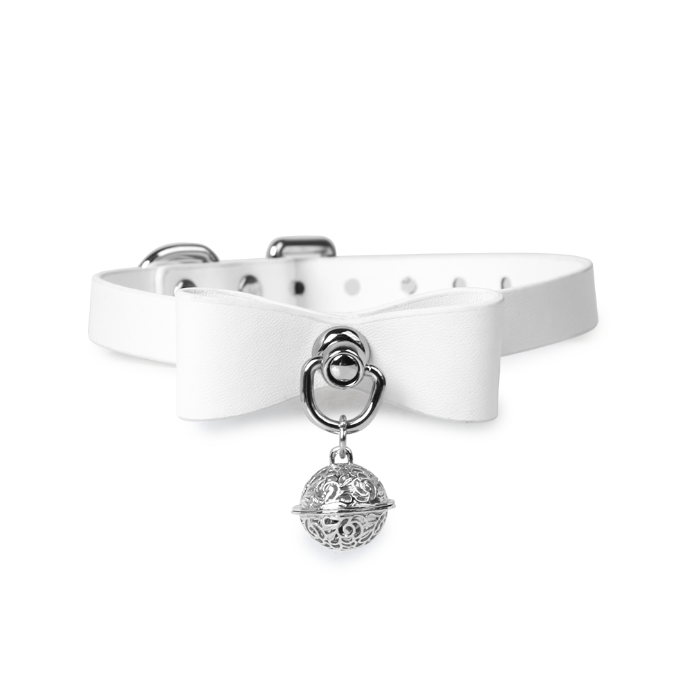 WILDCHOK White PU Leather Choker, Adjustable Collar with White Bow & Bell