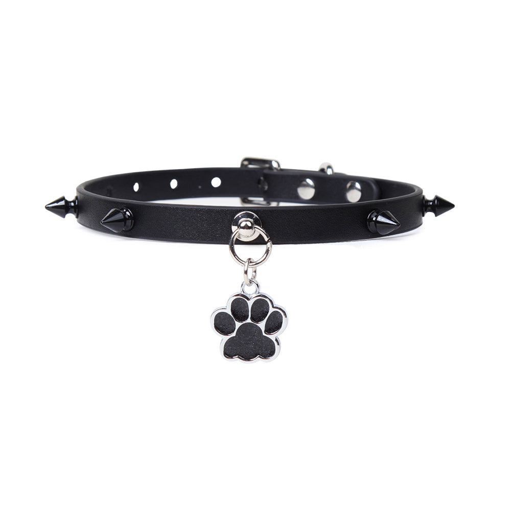 Paw Print Pendant Spiked Genuine Cowhide Choker, Punk Adjustable Human Collar