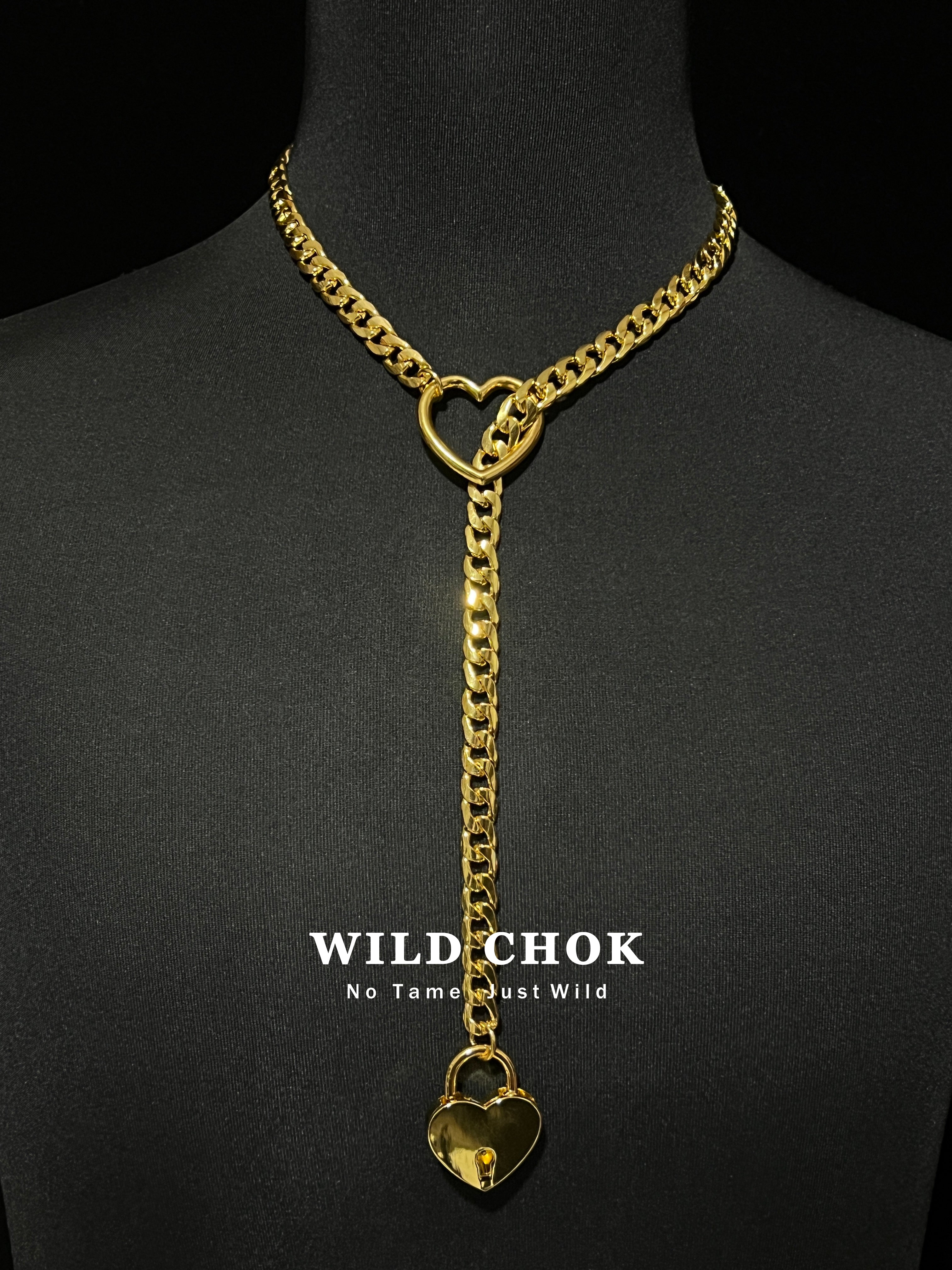 WILDCHOK Titanium Steel Choker - Silver Heart Lock Curb Chain Y-Drop Daily Party Fashion Accessory
