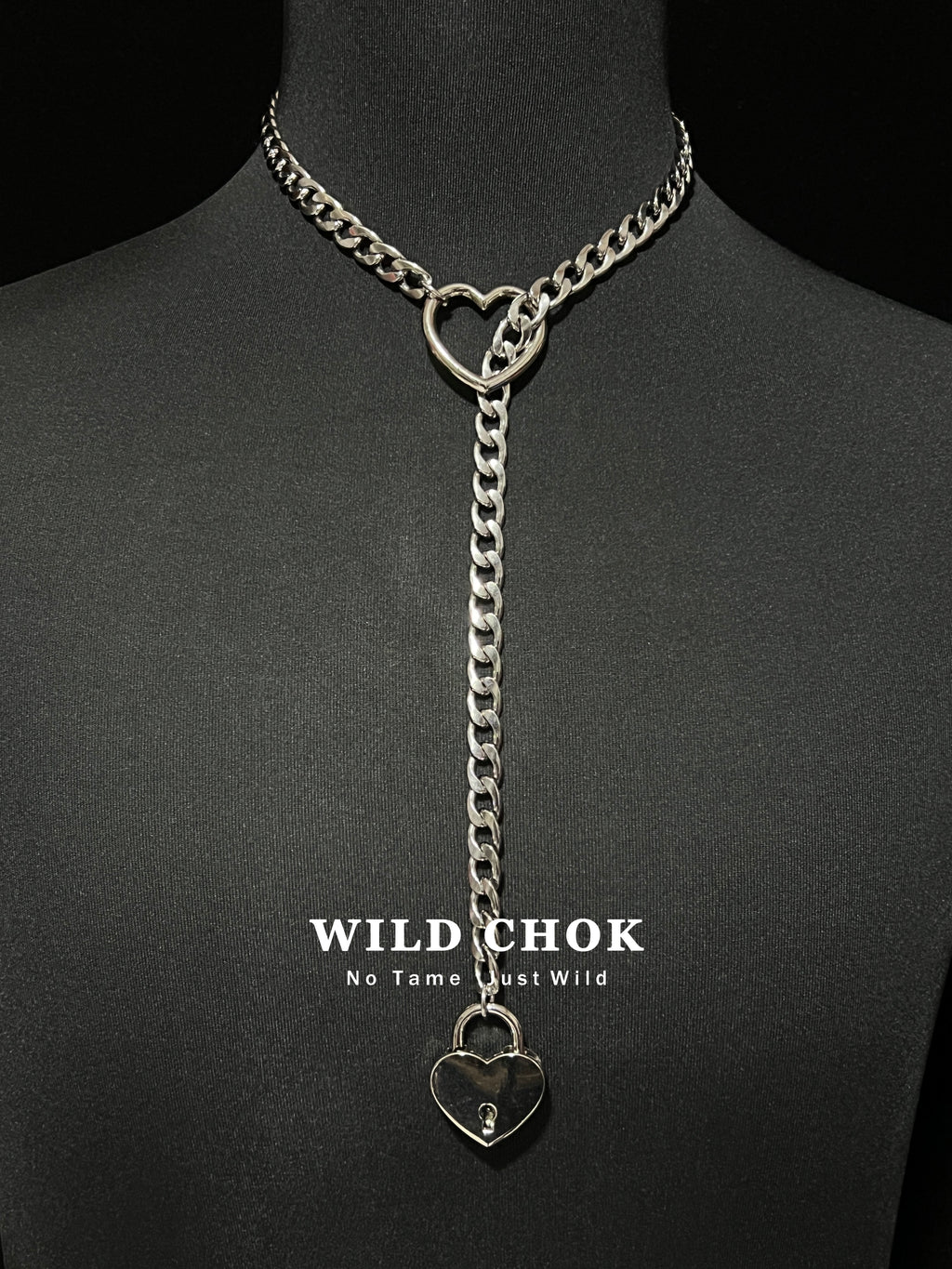 WILDCHOK Titanium Steel Choker - Silver Heart Lock Curb Chain Y-Drop Daily Party Fashion Accessory