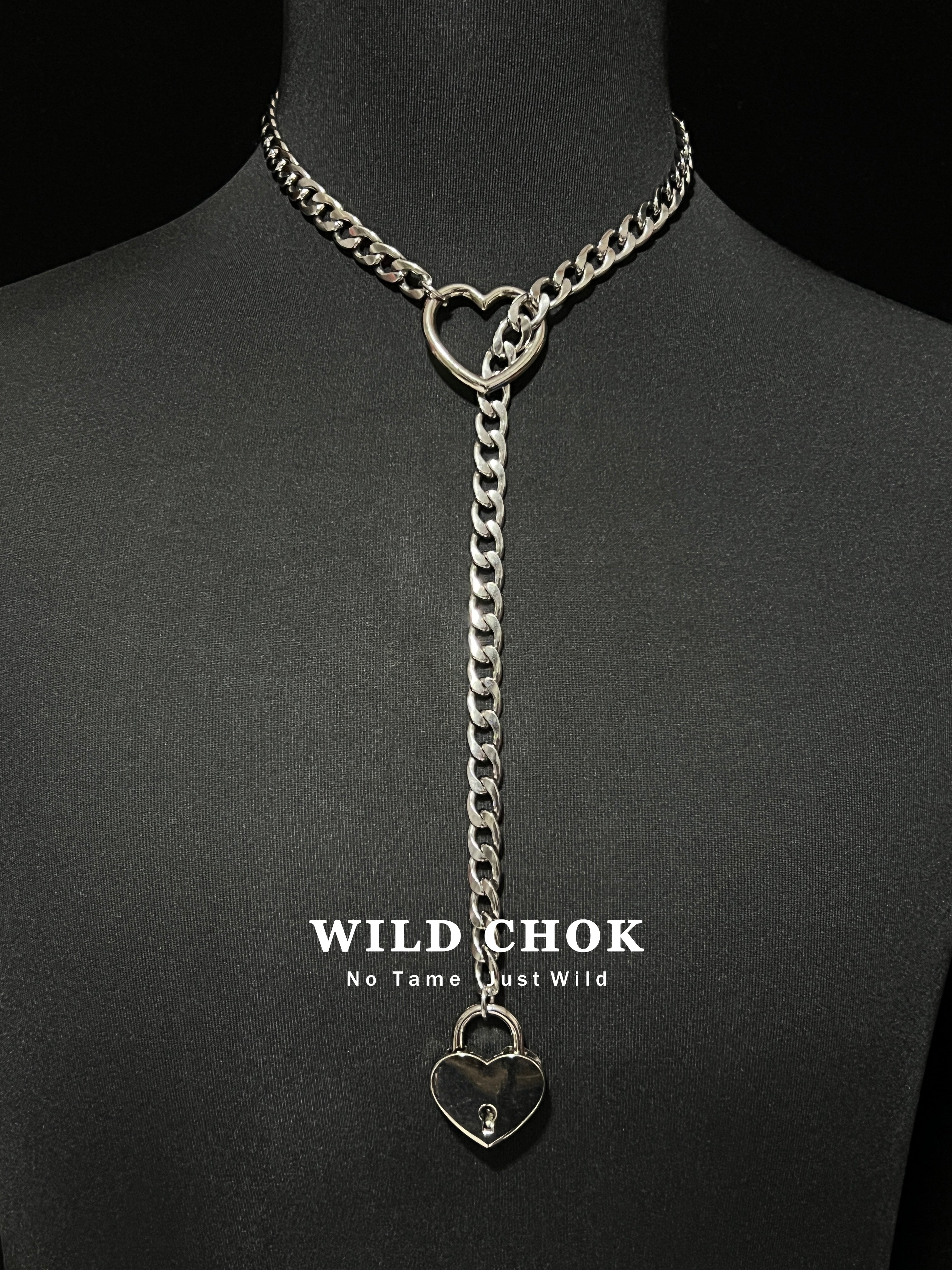 WILDCHOK Titanium Steel Choker - Silver Heart Lock Curb Chain Y-Drop Daily Party Fashion Accessory