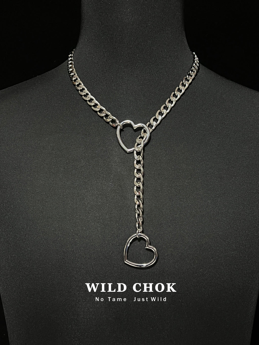 WILD CHOK Titanium Steel Choker - Double Heart Curb Chain Y-Drop Silver Edgy Daily Party Fashion Accessory
