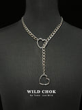 WILD CHOK Titanium Steel Choker - Double Heart Curb Chain Y-Drop Silver Edgy Daily Party Fashion Accessory