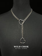 WILD CHOK Titanium Steel Choker - Double Heart Curb Chain Y-Drop Silver Edgy Daily Party Fashion Accessory