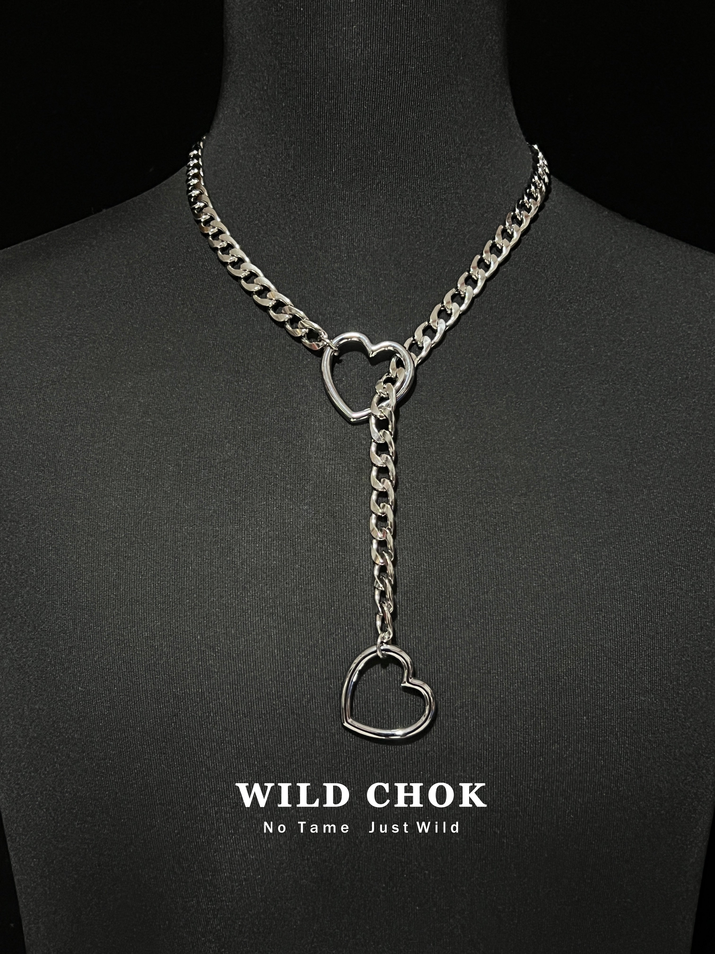 WILD CHOK Titanium Steel Choker - Double Heart Curb Chain Y-Drop Silver Edgy Daily Party Fashion Accessory