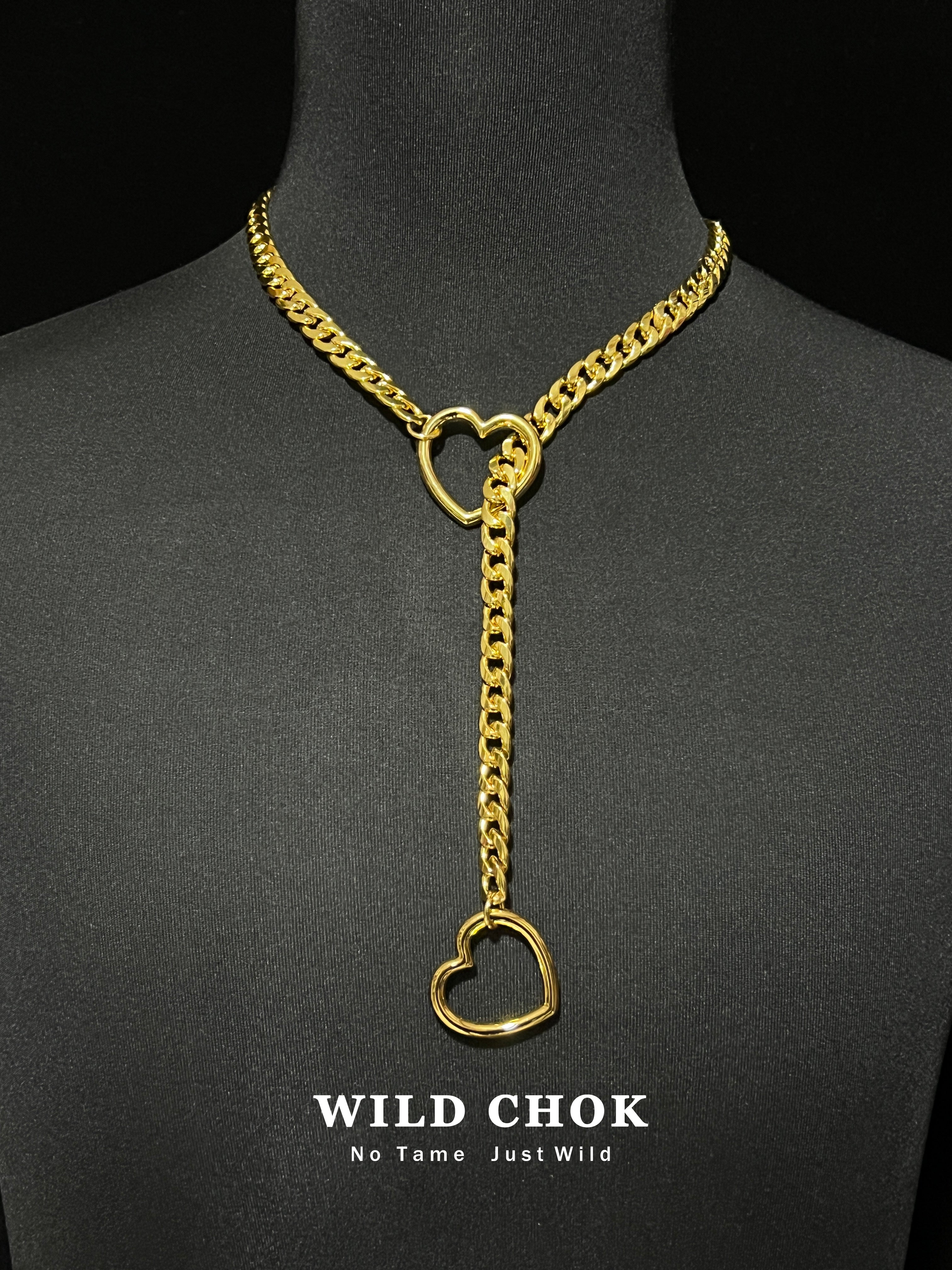 WILD CHOK Titanium Steel Choker - Double Heart Curb Chain Y-Drop Silver Edgy Daily Party Fashion Accessory