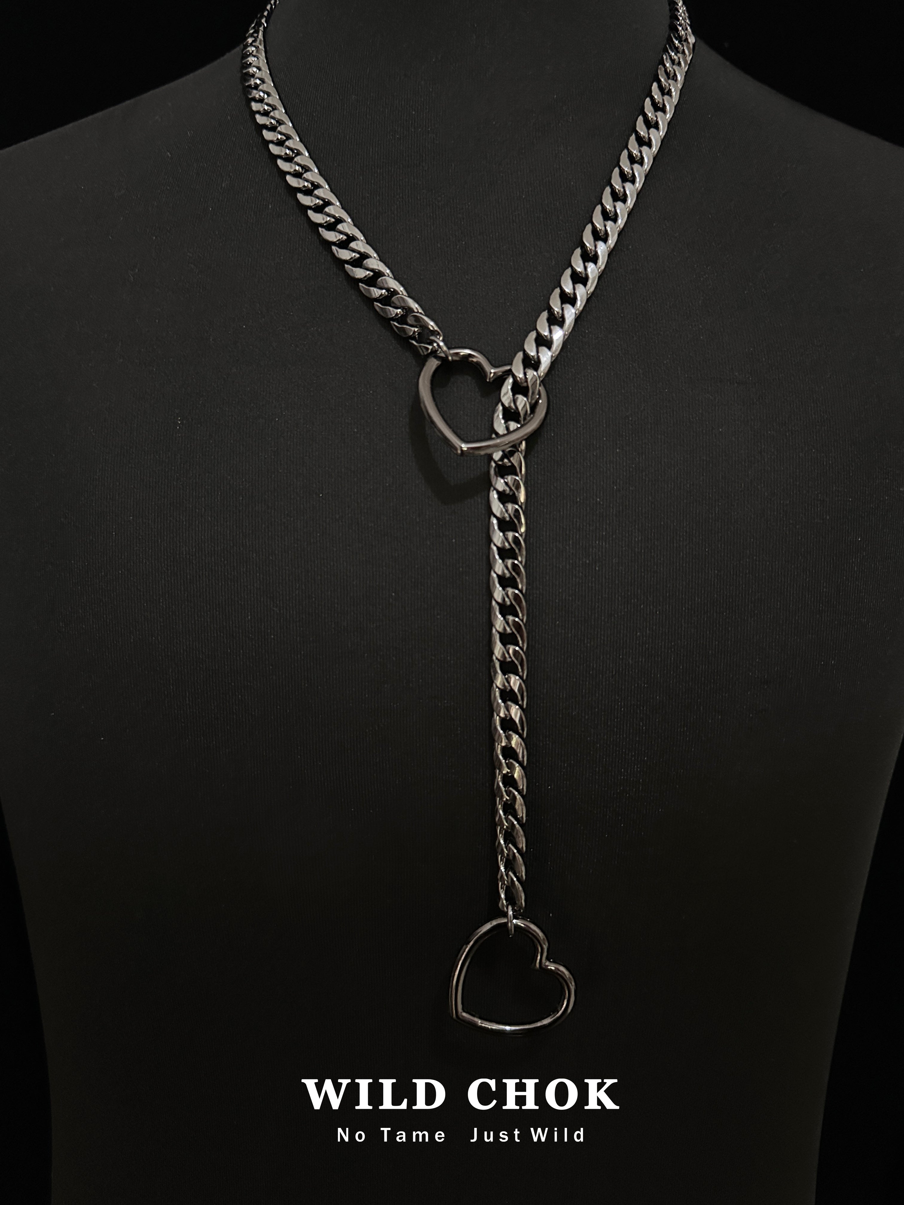 WILD CHOK Titanium Steel Choker - Double Heart Curb Chain Y-Drop Silver Edgy Daily Party Fashion Accessory