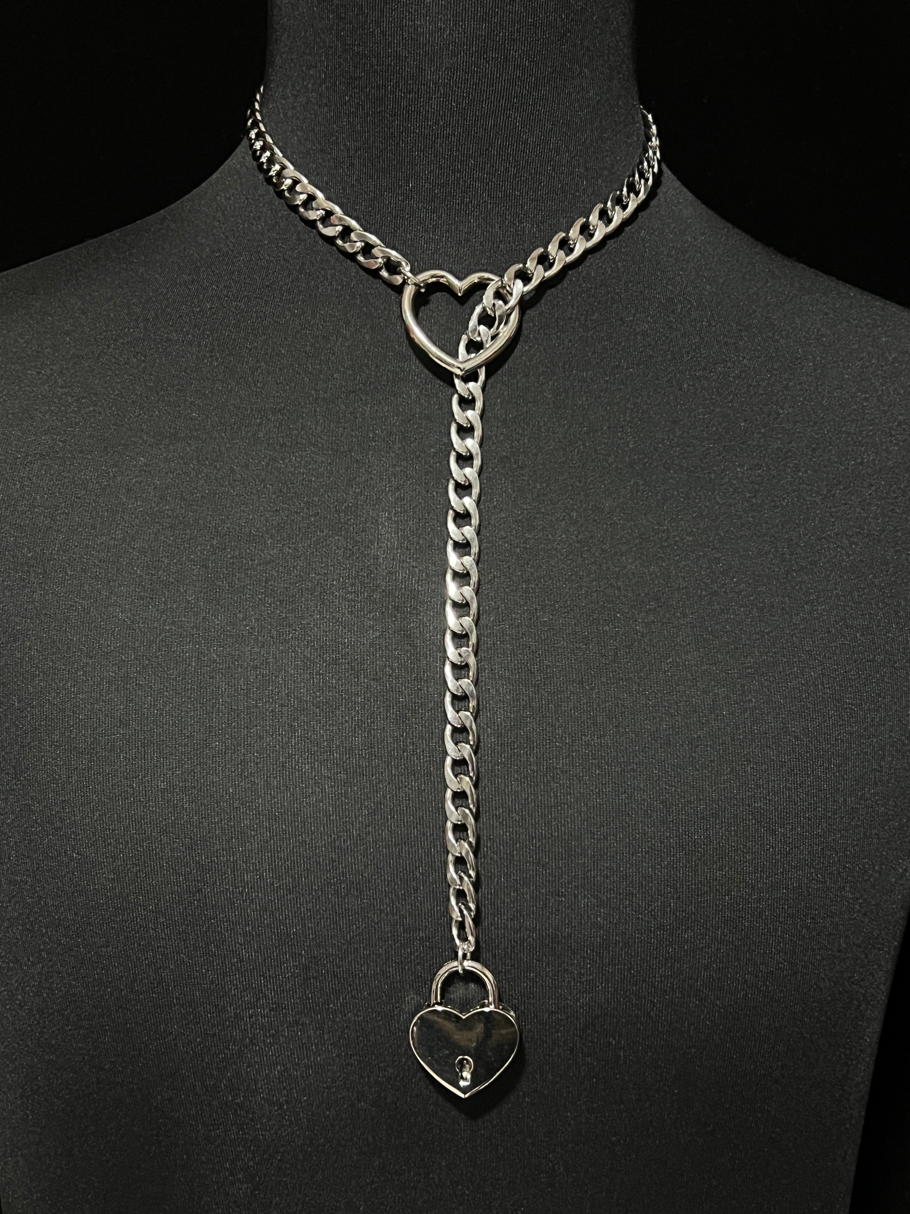 WILDCHOK Silver-Toned Heart Lock Curb Chain Y-Drop Choker - Fashion Statement Daily Party Accessory