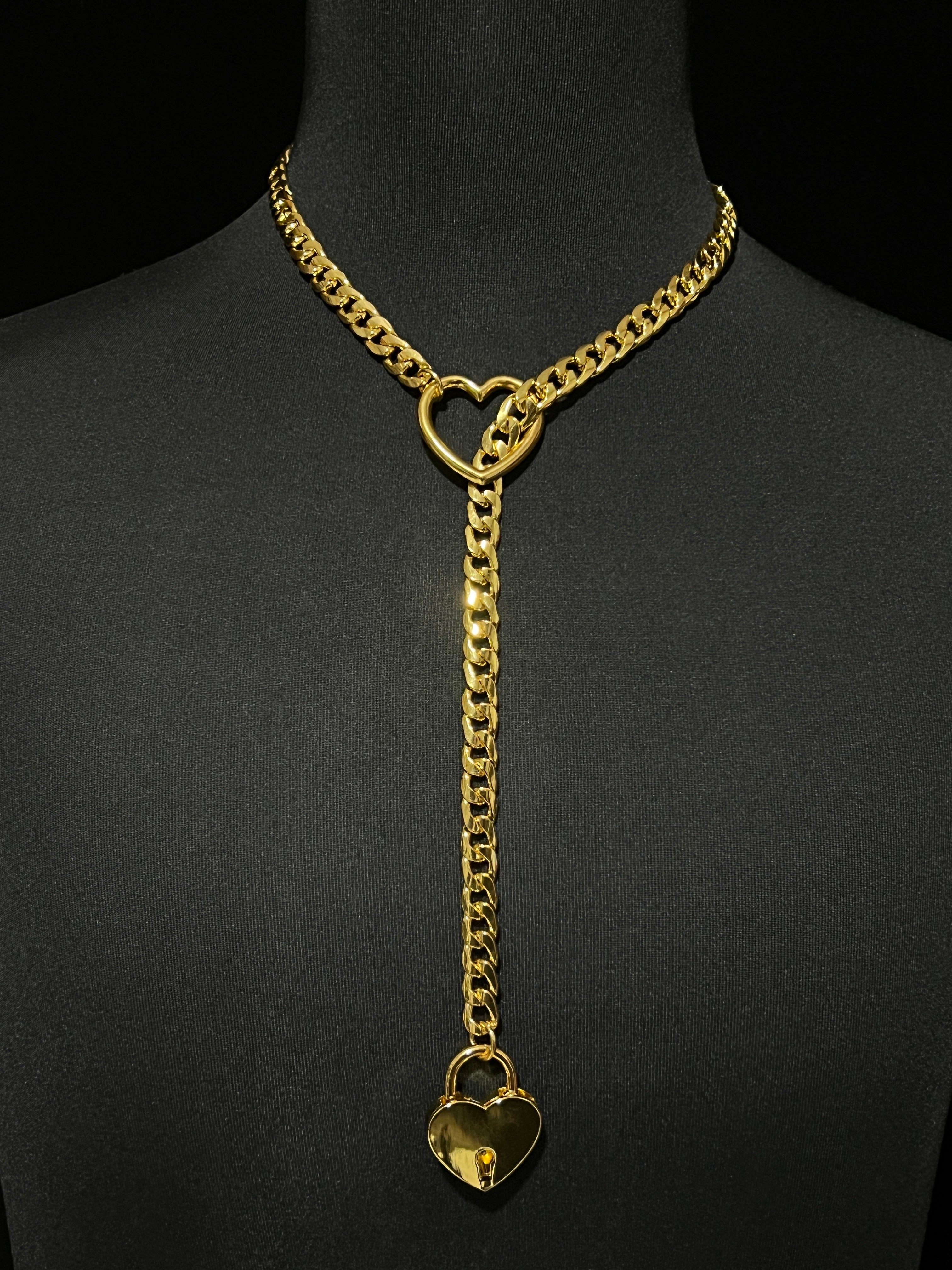 WILDCHOK Silver-Toned Heart Lock Curb Chain Y-Drop Choker - Fashion Statement Daily Party Accessory