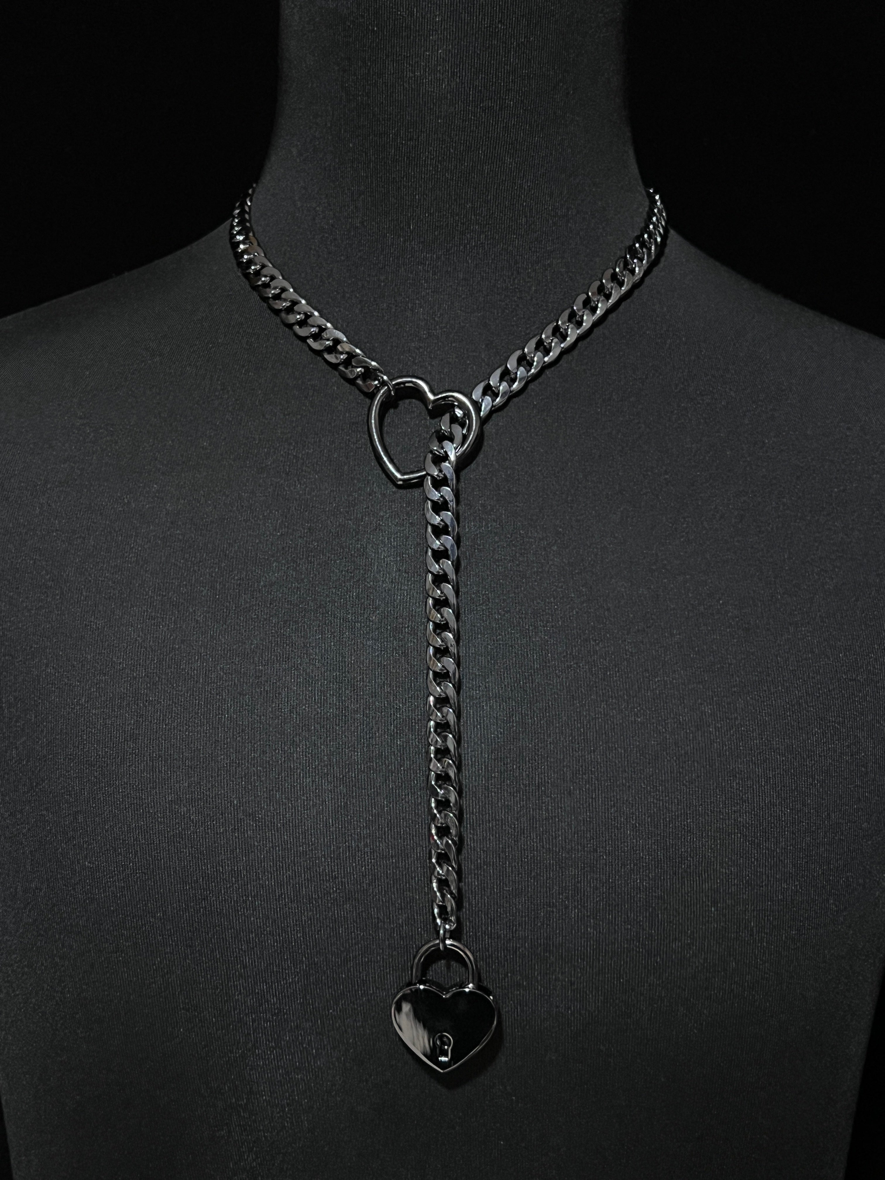 WILDCHOK Silver-Toned Heart Lock Curb Chain Y-Drop Choker - Fashion Statement Daily Party Accessory