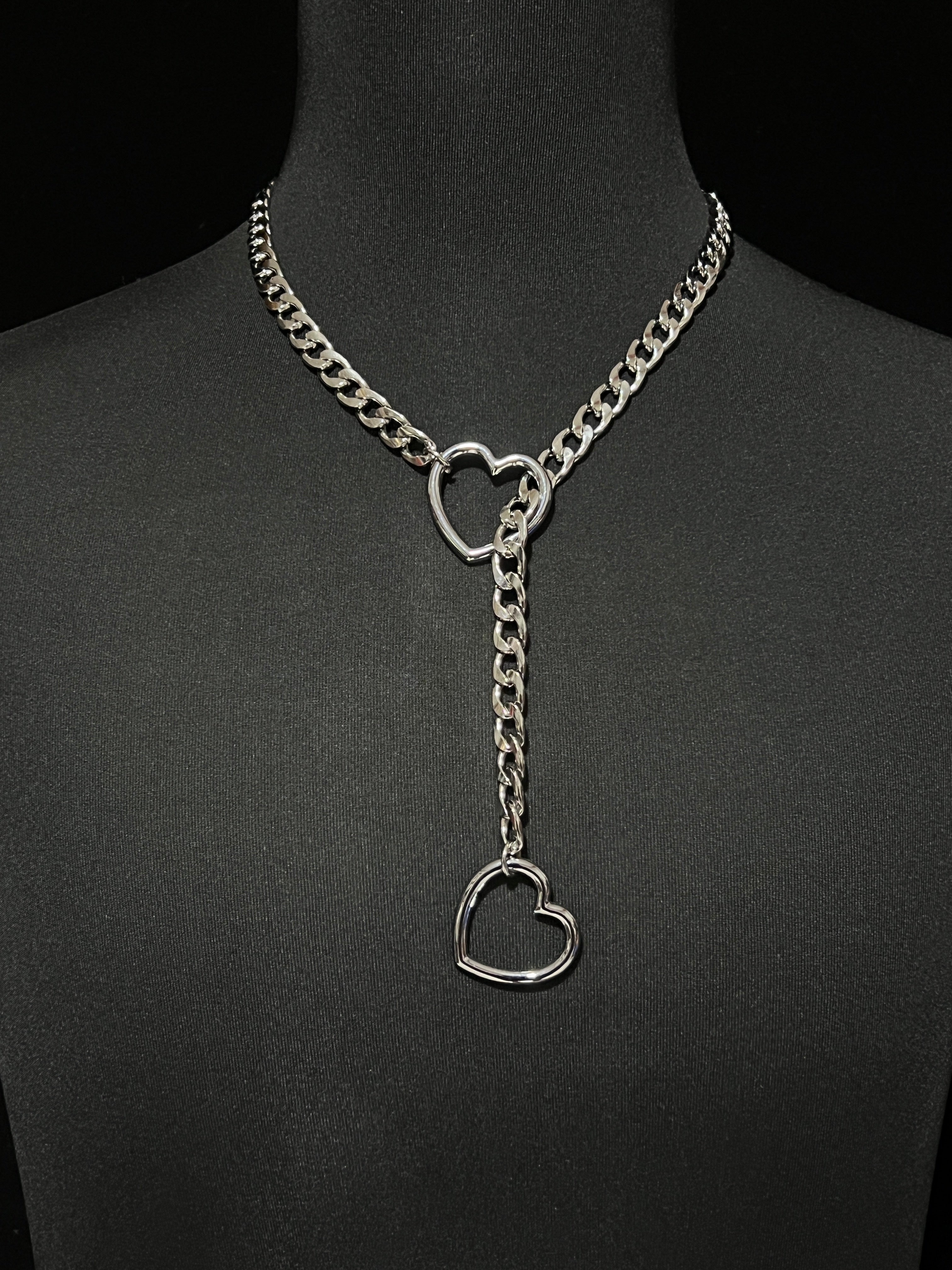 WILDCHOK Silver-Toned Heart Lock Curb Chain Y-Drop Choker - Fashion Statement Daily Party Accessory