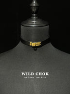 WILDCHOK Genuine Cowhide Leather Choker with Gold Lock Buckle - Red Black Orange Textured Daily Party Fashion Accessory