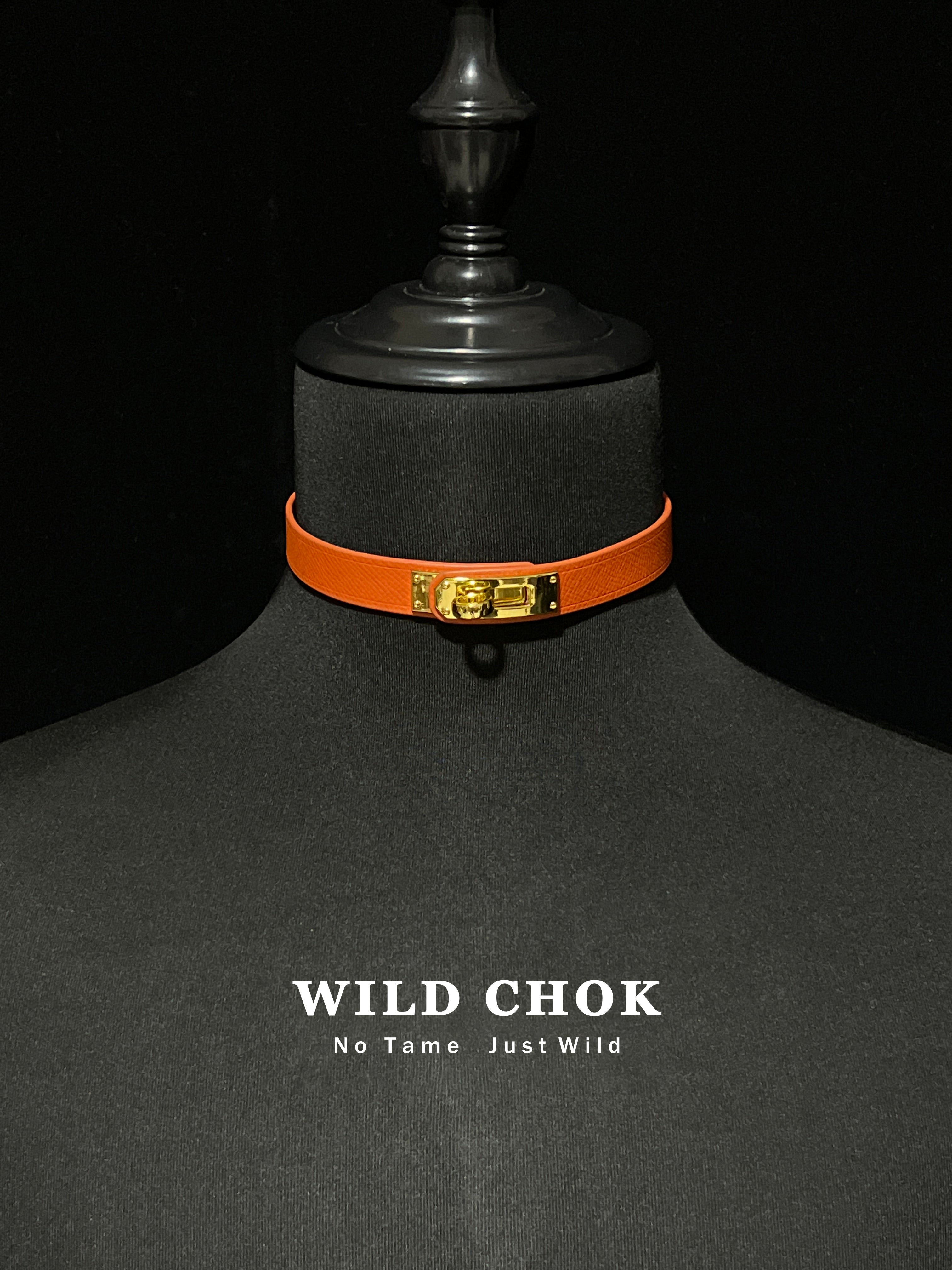 WILDCHOK Genuine Cowhide Leather Choker with Gold Lock Buckle - Red Black Orange Textured Daily Party Fashion Accessory