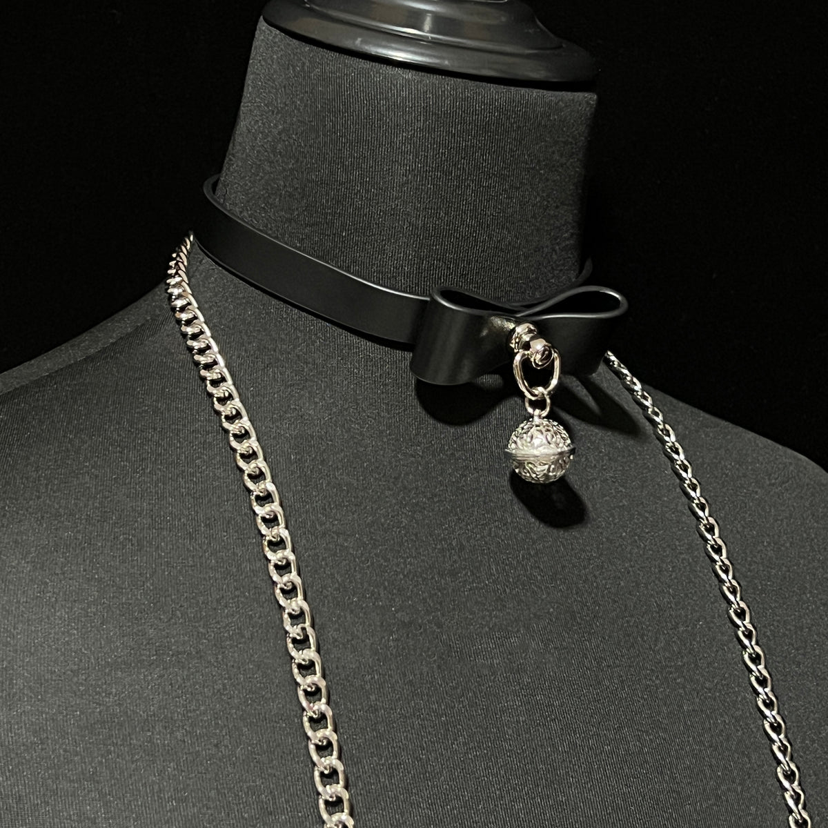 WILDCHOK Black PU Leather Choker, Adjustable Collar with Black Bow & Bell