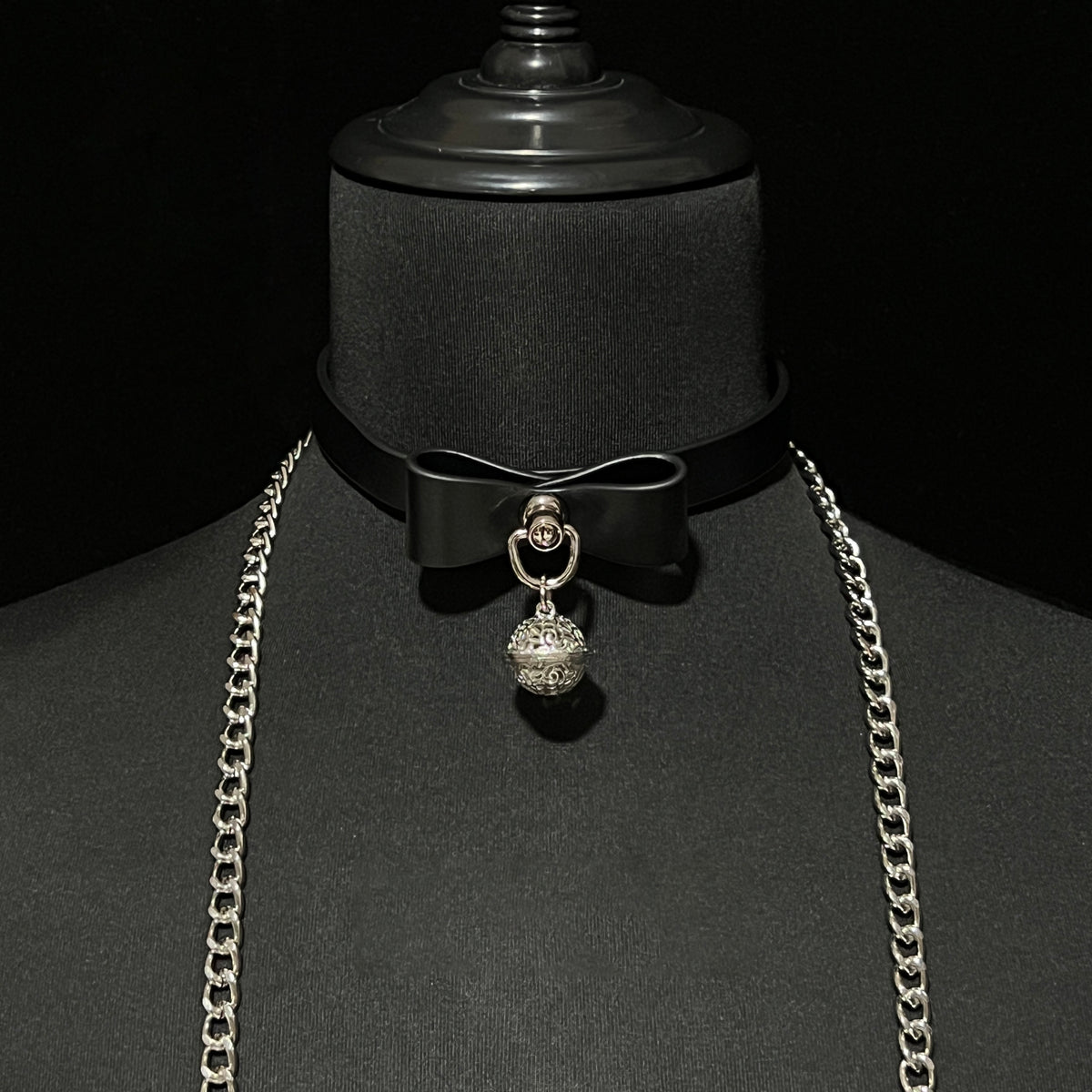 WILDCHOK Black PU Leather Choker, Adjustable Collar with Black Bow & Bell