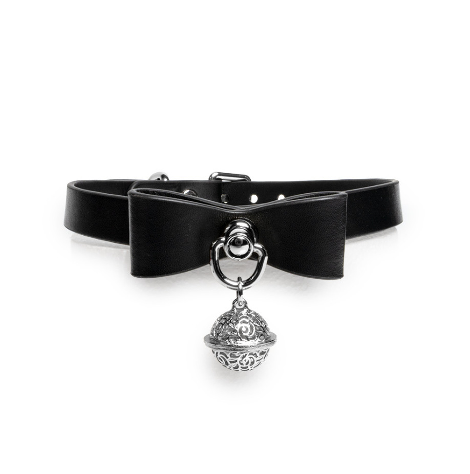 WILDCHOK Black PU Leather Choker, Adjustable Collar with Black Bow & Bell