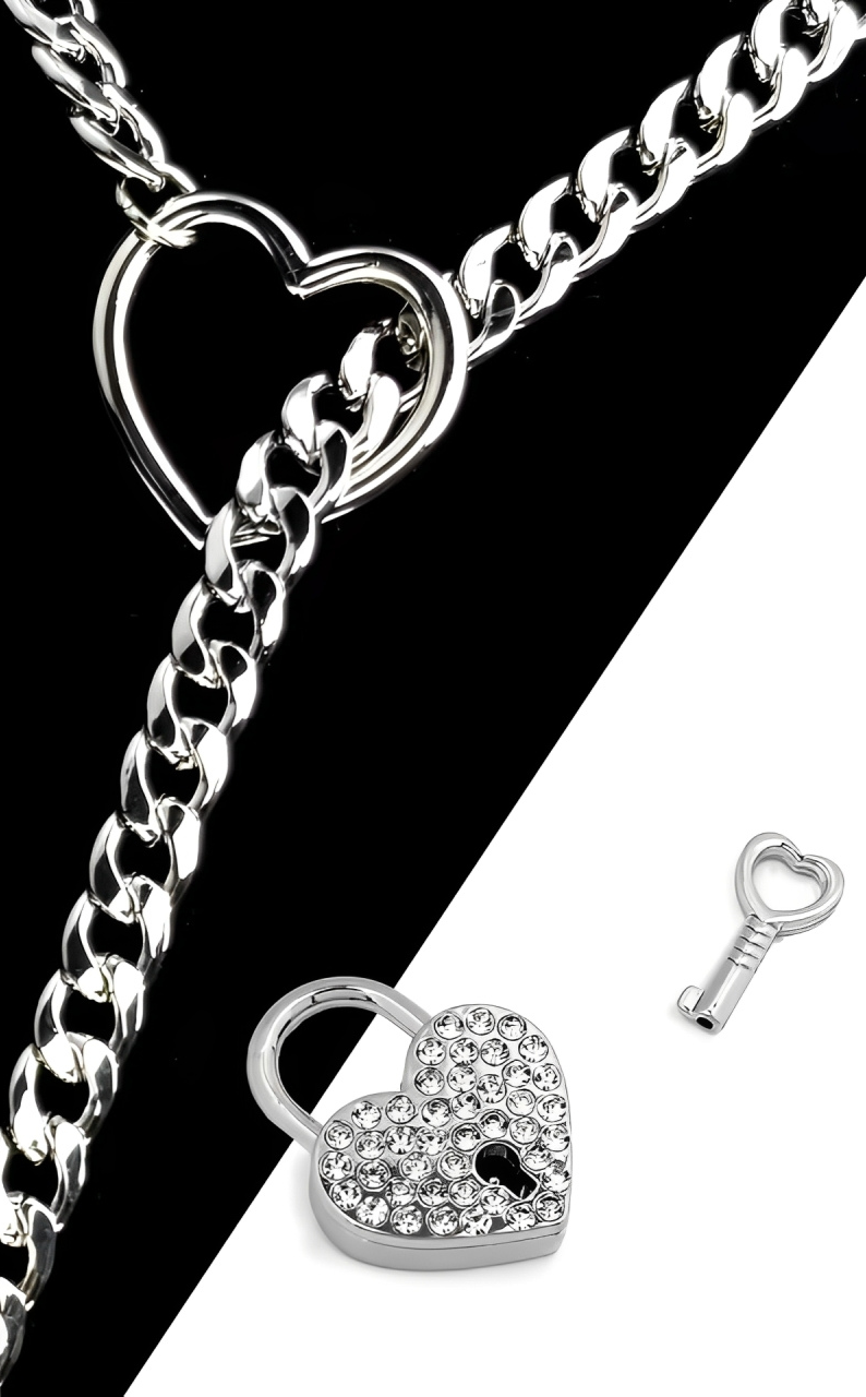 WILDCHOK - Crystal Heart Lock & Key Slip Chain