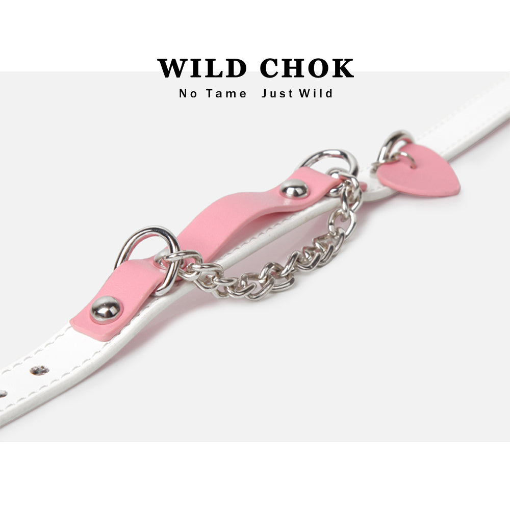 WILD CHOK Genuine Cowhide Leather Choker - Pink White Two-Tone Heart Pendant Metal Chain Edgy Daily Party Accessory