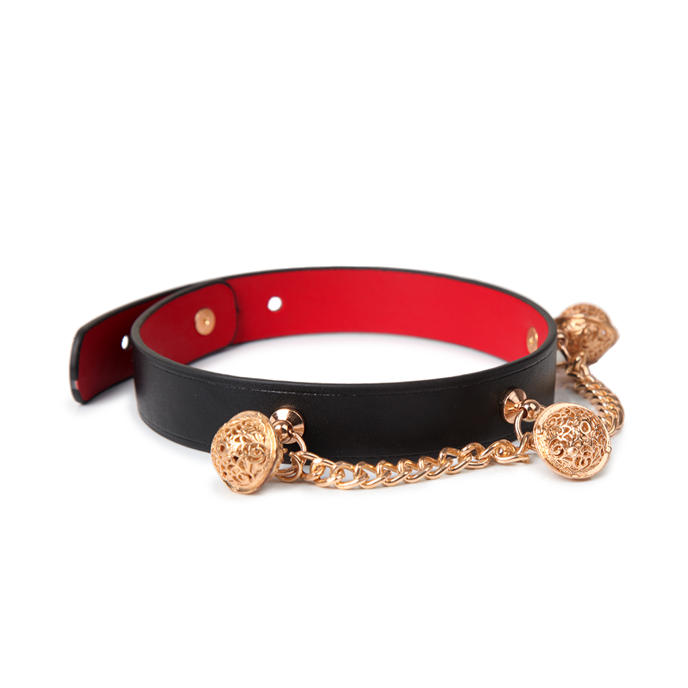 WILDCHOK Leather Bell Choker | Gold Chain Pendant Adjustable Cowhide Collar