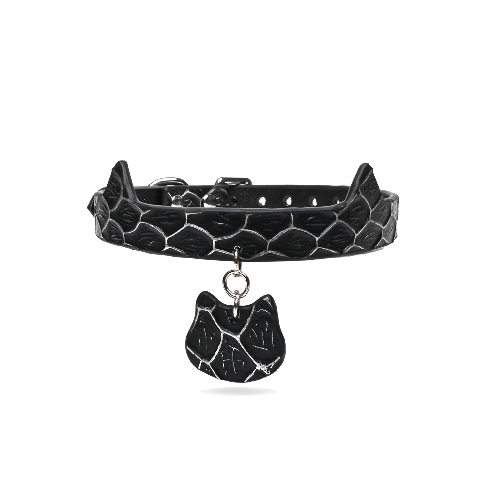 Cat Ear Snake Print Genuine Cowhide Choker, Adjustable Cat Pendant Collar