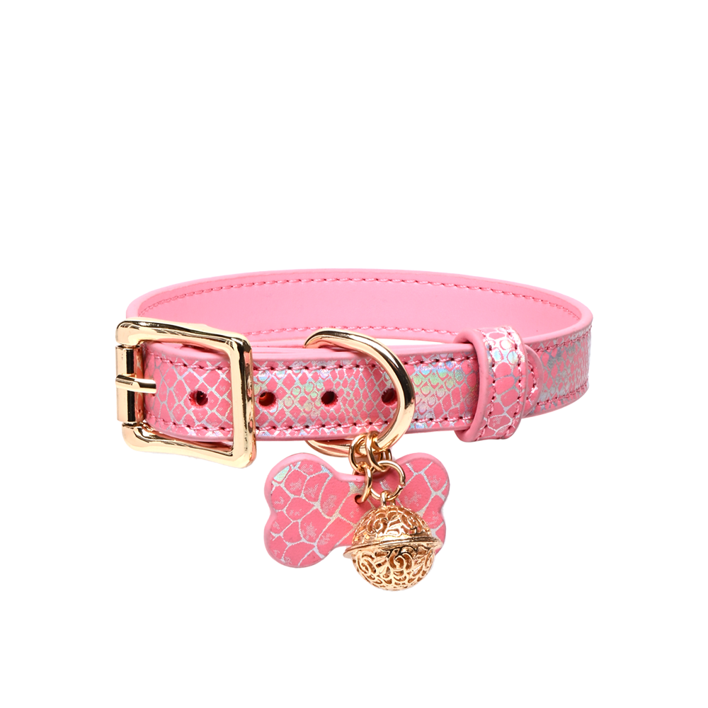 WILDCHOK Snake-Print Leather Choker, Gold Hardware with Bone Charm & Bell