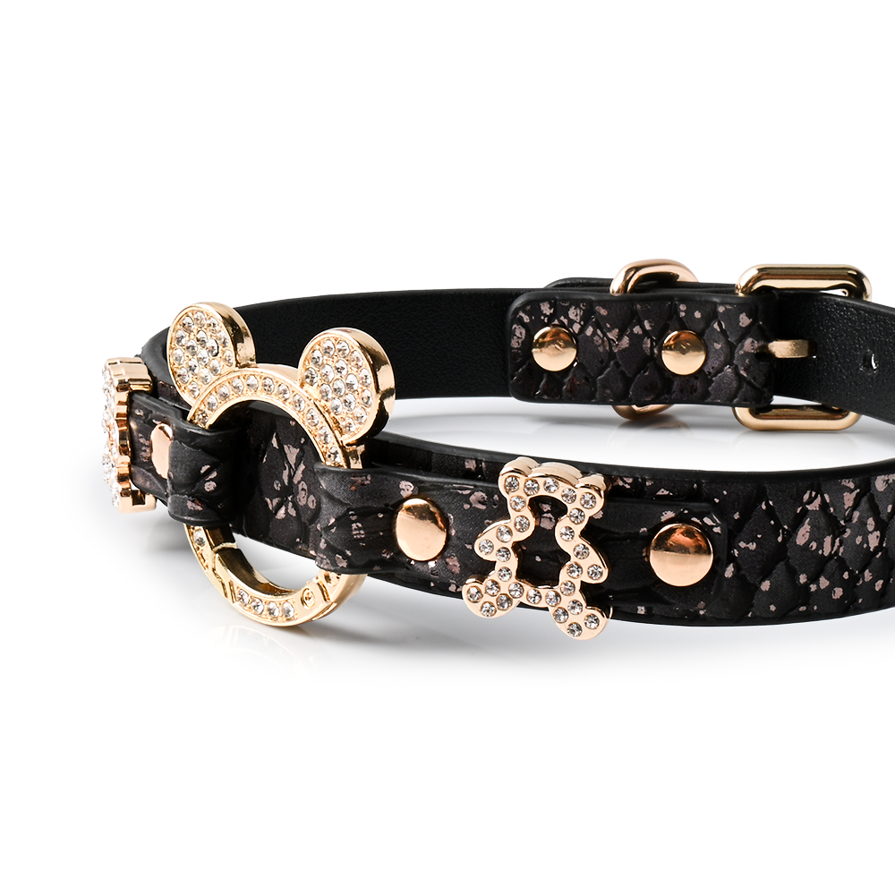WILDCHOK PU Leather Choker | Sparkling Rhinestone Mouse‑Ear Frame with Gold‑Tone Hardware