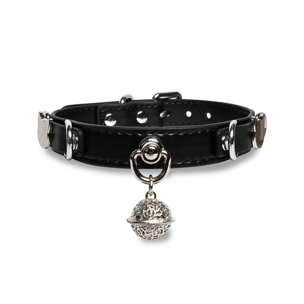 WILDCHOK Genuine Cowhide Leather Choker | Cat‑Face Charm with Hollow Vintage Bell Pendant