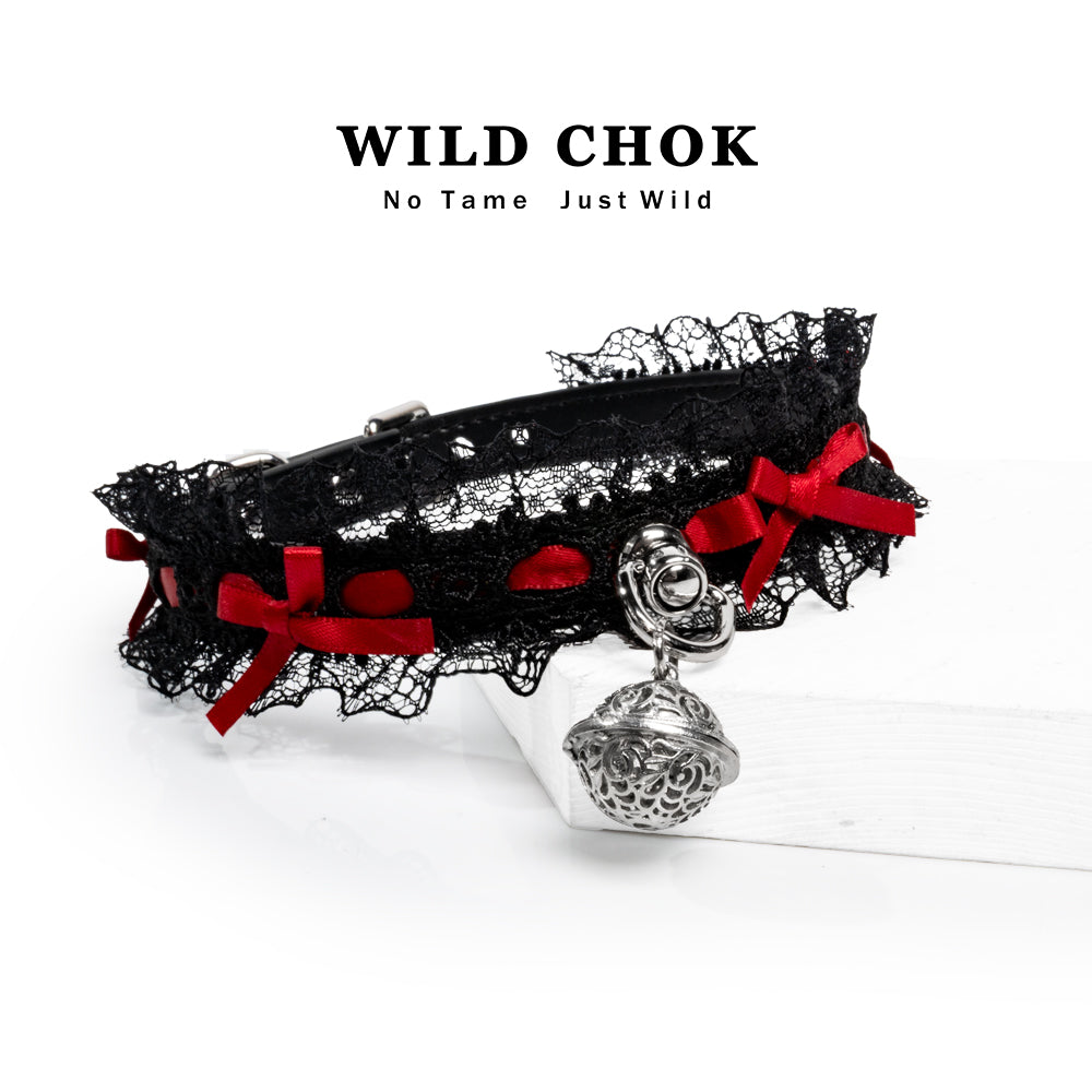WILD CHOK Lace Choker - Black Red Two-Tone Bow Bell Pendant Edgy Daily Party Accessory
