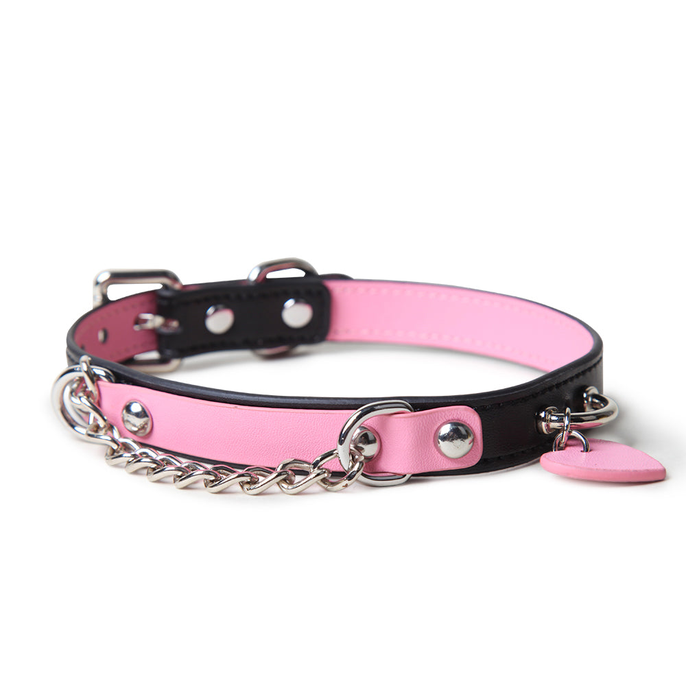 WILDCHOK Two‑Tone Cowhide Leather Choker, Heart Pendant with Chain