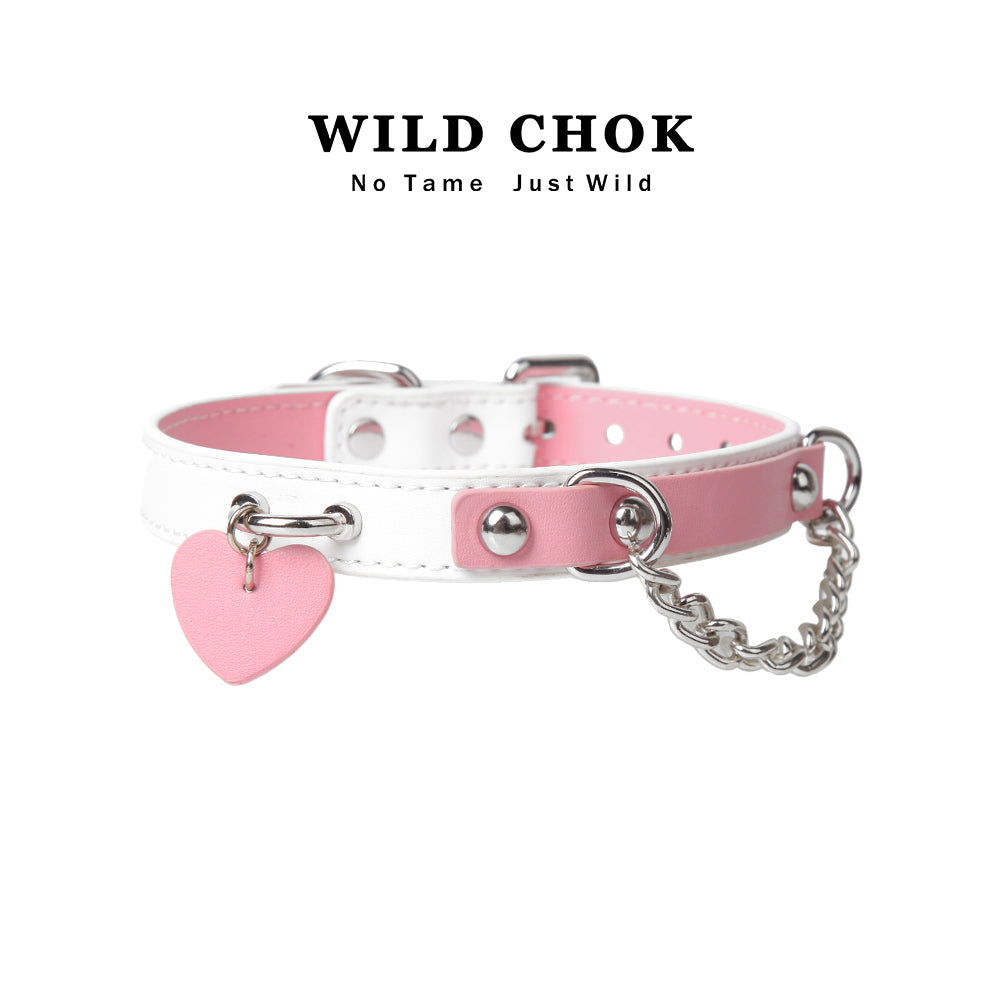 WILD CHOK Genuine Cowhide Leather Choker - Pink White Two-Tone Heart Pendant Metal Chain Edgy Daily Party Accessory