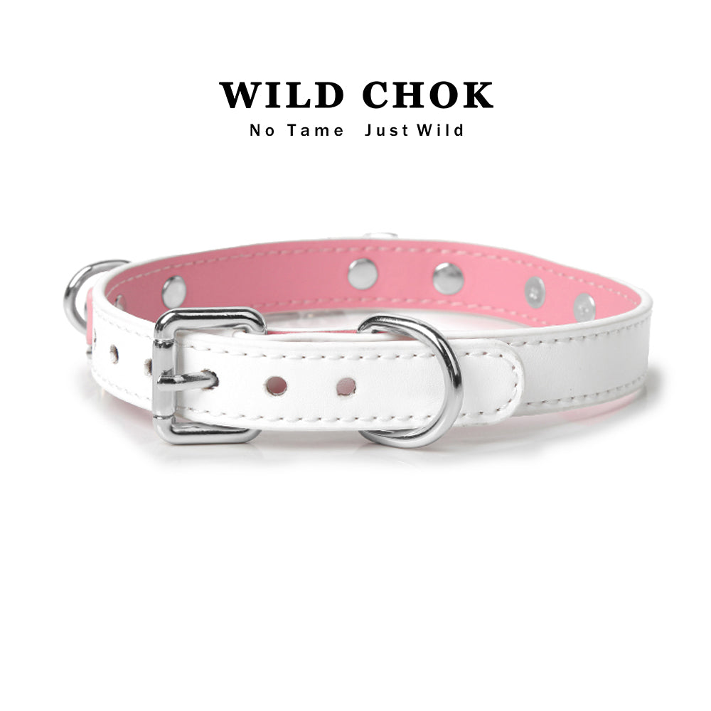 WILD CHOK Genuine Cowhide Leather Choker - Pink White Two-Tone Heart Pendant Metal Chain Edgy Daily Party Accessory