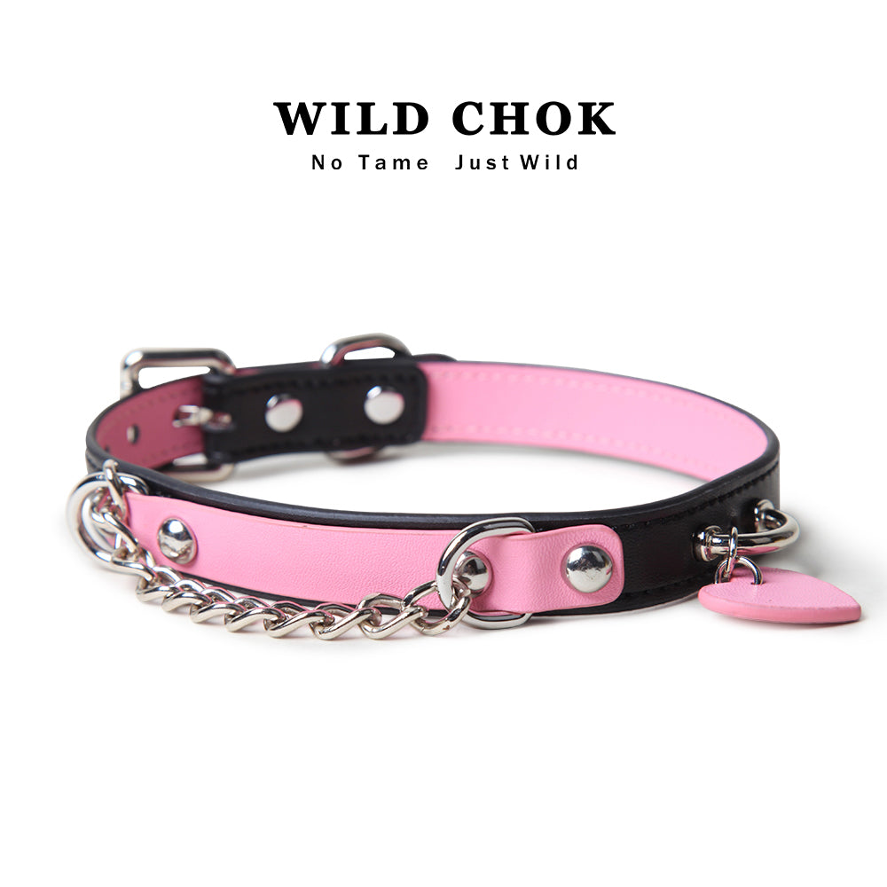 WILD CHOK - Pink Black Two-Tone Heart Pendant Metal Chain Edgy Daily Party Accessory