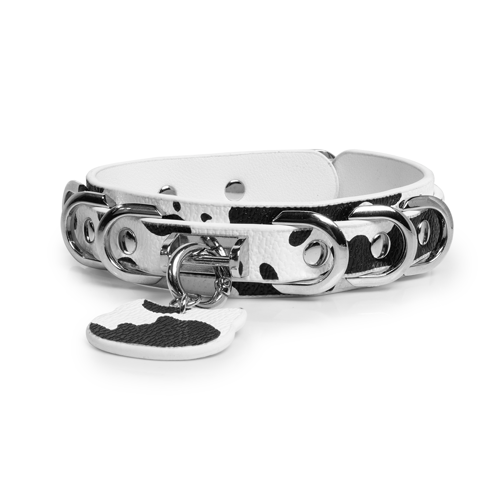WILDCHOK Black‑White Cow Print O‑Ring Choker | Adjustable PU Leather Necklace with Cat‑Head Charm