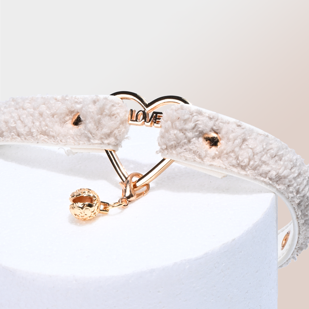 WILDCHOK Teddy Fleece Choker | LOVE‑Letter Heart Frame with Gold Bell Pendant