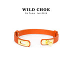 WILDCHOK Genuine Cowhide Leather Choker with Gold Lock Buckle - Red Black Orange Textured Daily Party Fashion Accessory