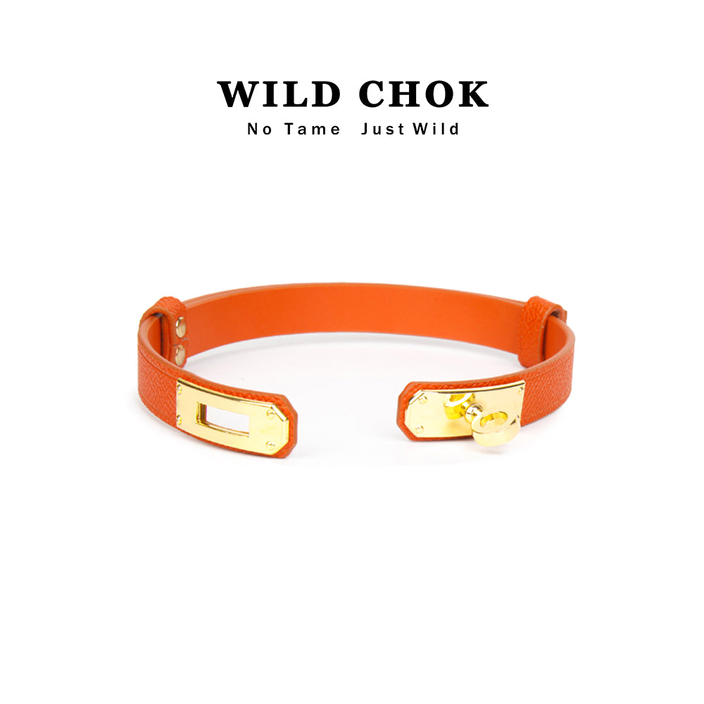 WILDCHOK Genuine Cowhide Leather Choker with Gold Lock Buckle - Red Black Orange Textured Daily Party Fashion Accessory