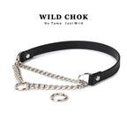 WILD CHOK PU Leather Choker with Metal Chain & Ring - Black White Edgy Daily Party Fashion Accessory