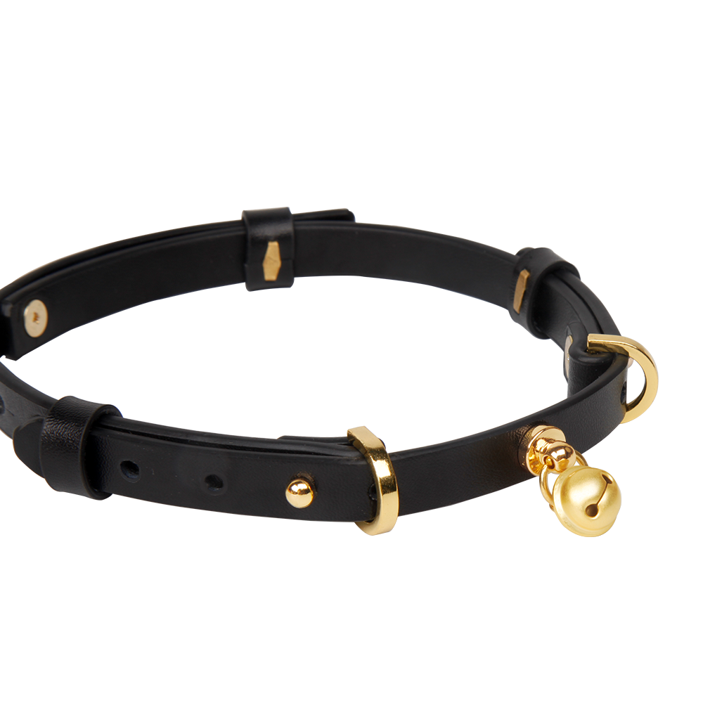 WILDCHOK Black Genuine Cowhide Choker, Adjustable Leather Necklace with Gold Bell Charm