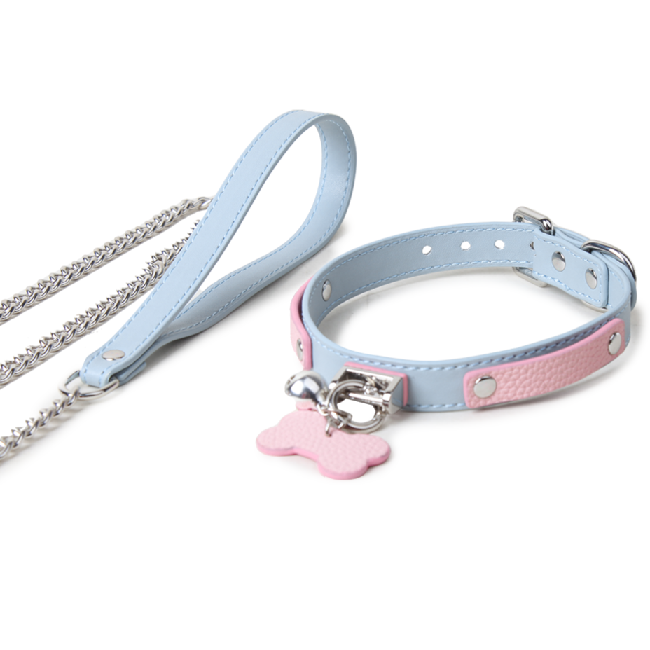 WILDCHOK Pink‑Blue Two‑Tone Cowhide Choker, Adjustable Necklace with Bone Charm & Bell
