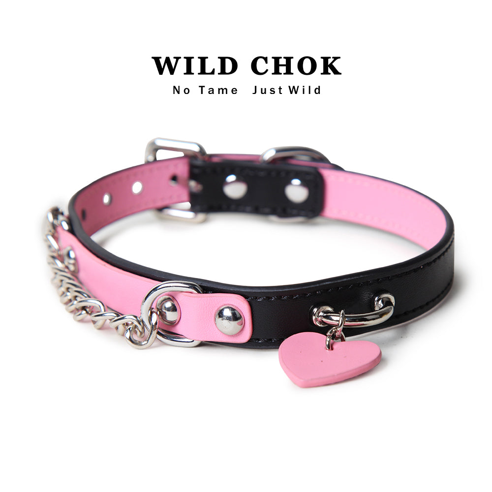 WILD CHOK - Pink Black Two-Tone Heart Pendant Metal Chain Edgy Daily Party Accessory