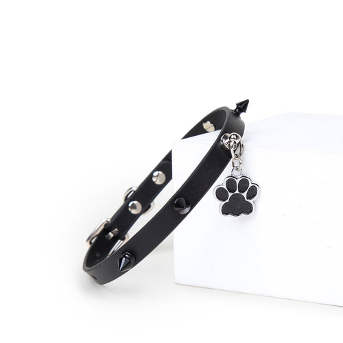 Paw Print Pendant Spiked Genuine Cowhide Choker, Punk Adjustable Human Collar